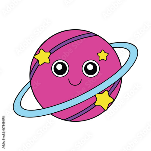 Cartoon planet character with ring and happy face