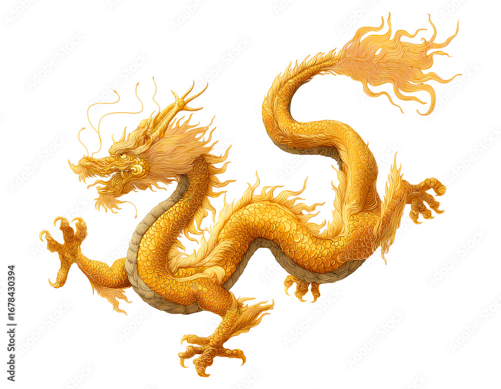 Obraz premium Majestic Golden Chinese Dragon Illustration isolated on a transparent background