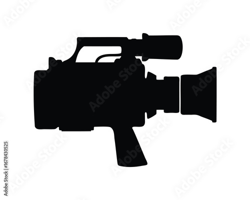 Silhouette of professional video camera with handle and lens on white background