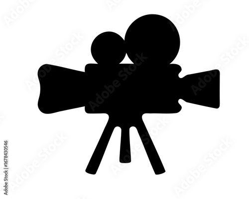 Black silhouette of a classic film camera with stand on white background