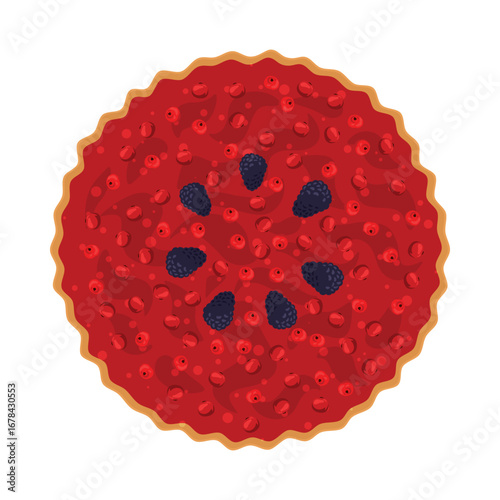 Delicious berry pie topped with vibrant red berries viewed from above on a clean white background