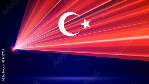 Laser flag of turkey. Turkish abstract flag. Laser show on dark blue background. Multicolor template of banner, poster for national holiday of turkey. Place for text. Copy space. Vector