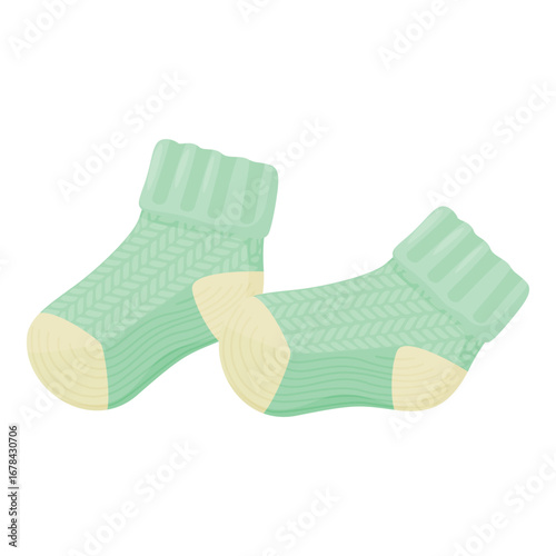 Cute green baby socks with soft yellow accents for little kids on white background.