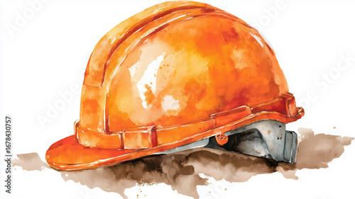 Vector illustration of orange construction helmet. Watercolor painting.