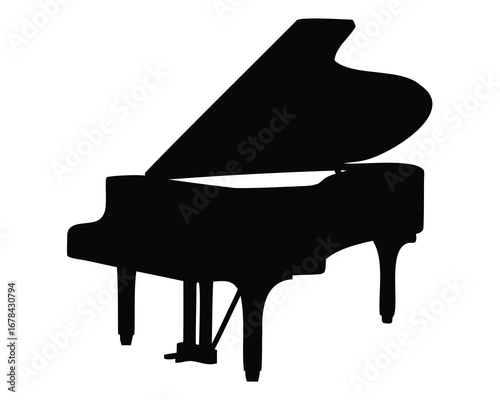 Silhouette of an elegant grand piano with the lid propped open