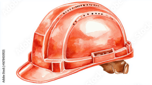 Vector illustration of orange construction helmet. Watercolor painting.
