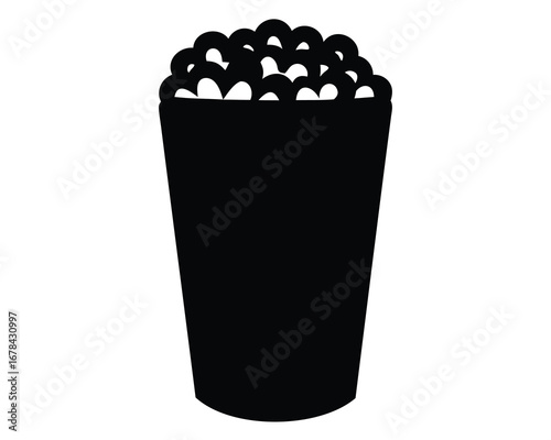 Black silhouette of a bucket overflowing with popcorn, simple vector style
