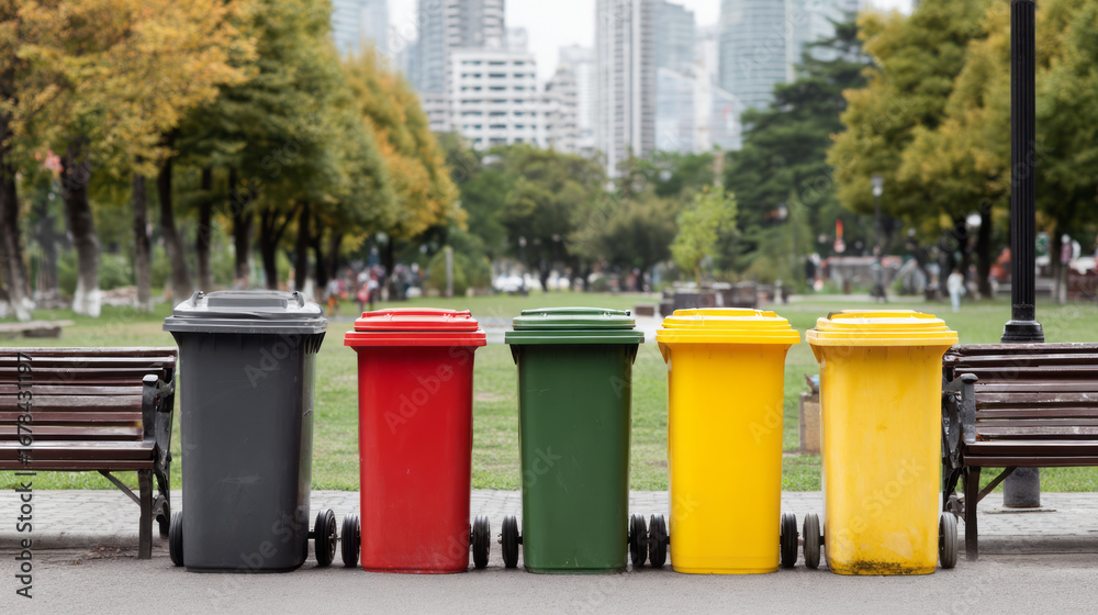 Obraz premium Colorful recycling bin for responsible waste separation and management in city park, promoting urban sustainability