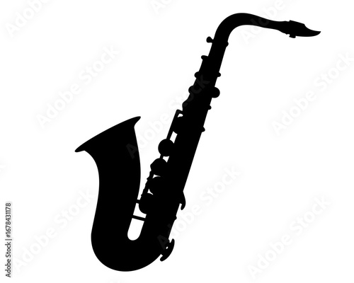 Silhouette of a saxophone music instrument against a white background