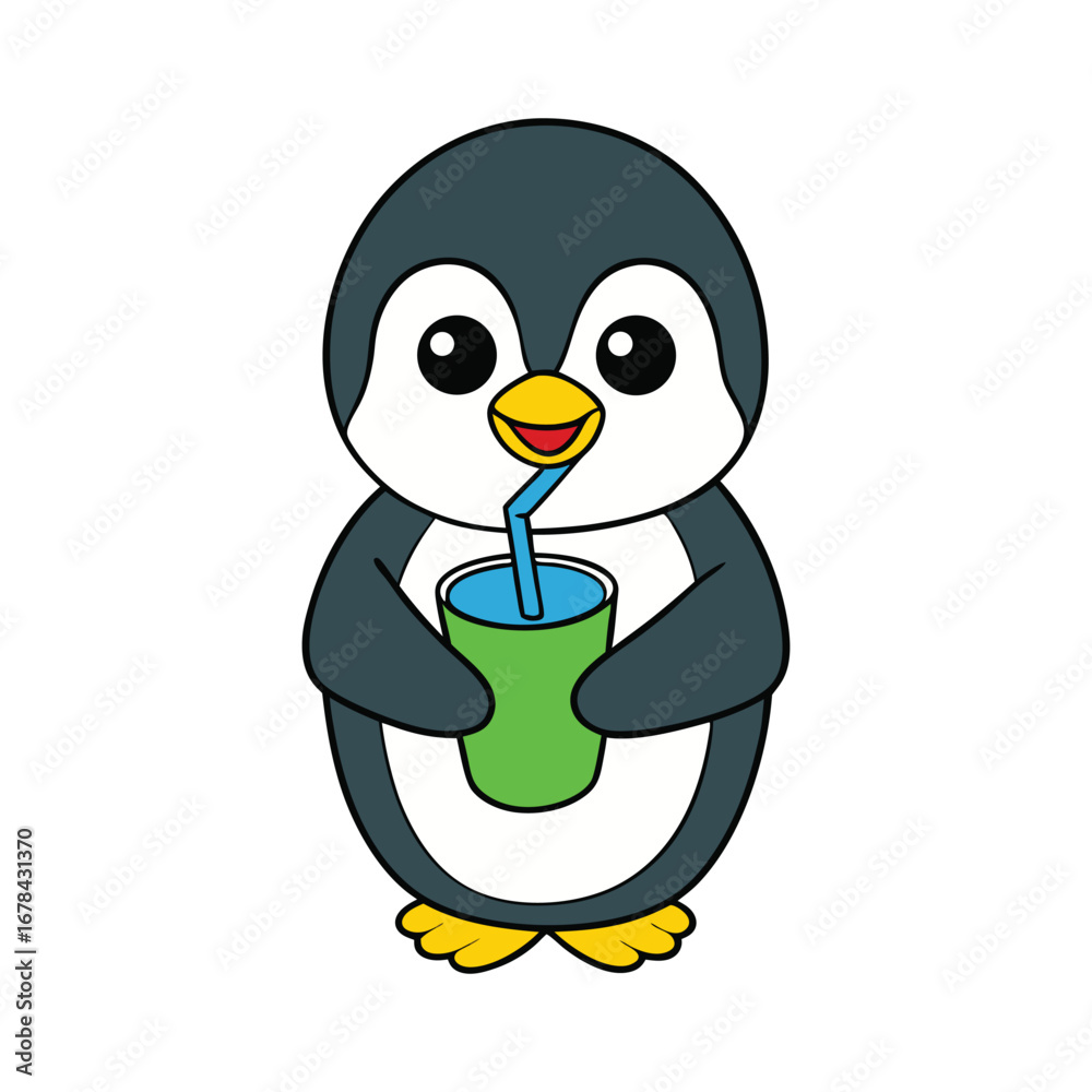 Obraz premium Cute Penguin Drinking Juice Cartoon Vector Illustration