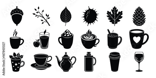 Autumnal Drink and Foliage Collection in Black and White Silhouette