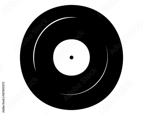 Stylized black and white circular vinyl record illustration with curved details