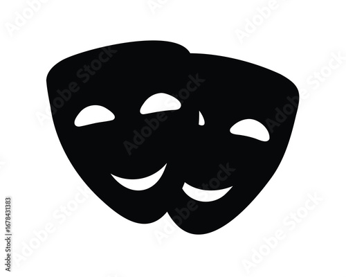Comedy and tragedy theatrical masks in black on a white background art