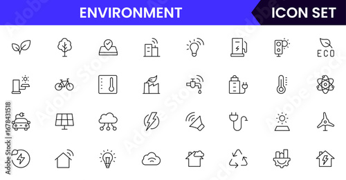 Environment vector line icons featuring trees, recycling, renewable energy, wildlife, water conservation, sustainability, ecosystems, pollution control, and green initiatives.