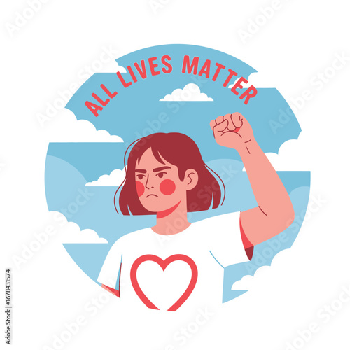 Illustration of a determined young woman with a raised fist, symbolizing resilience and the pursuit of social justice, advocating for universal equality and human rights