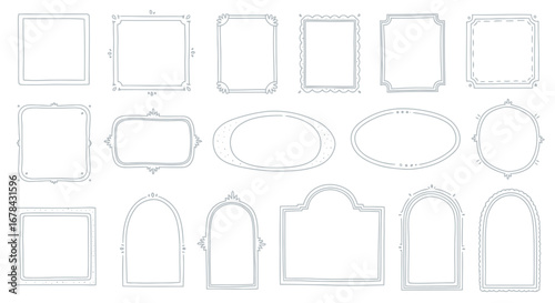A diverse collection of hand-drawn doodle frames with sketchy lines, featuring square, rectangular, oval, and arched shapes in a minimalist style.