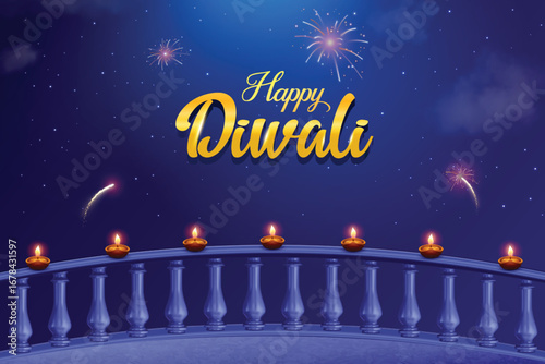 Happy Diwali Greeting Design With Oil Lamps Lit On A Balcony Railing With Sparkling Fireworks In The Night Sky, Blue Background. Indian Hindu Festival Concept For E-commerce Greetings, Poster, Banner