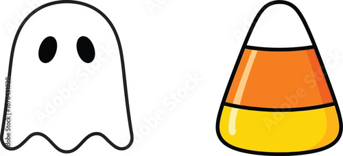 Cute cartoon ghost and candy corn for halloween celebration and autumn season