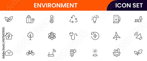 Environment vector line icons featuring trees, recycling, renewable energy, wildlife, water conservation, sustainability, ecosystems, pollution control, and green initiatives.