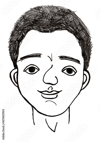 Stylized drawing of a boy's portrait. Black outline. Line art. Isolated on white background. Young boy, child. Smiling slightly. Nose with a potato. Hairstyle drawn with cross strokes. Sketch, doodle.