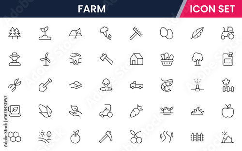 Farming vector line icons featuring tractors, crops, barns, irrigation, tools, livestock, planting, harvesting, agriculture equipment, and rural landscape elements.
