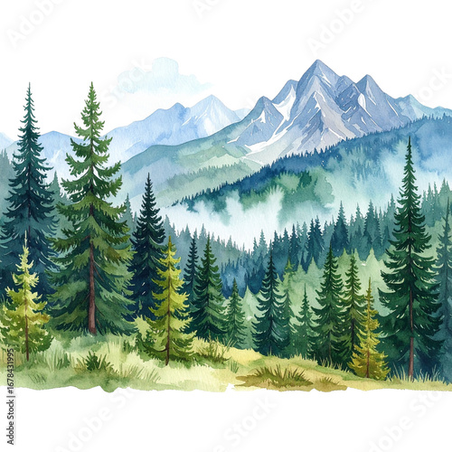 watercolor landscape clipart, mountain forest clip art, tree illustration png, background creator, summer nature printable painting, isolated elements on white background