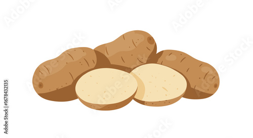 Fresh potatoes with sliced section isolated on white background