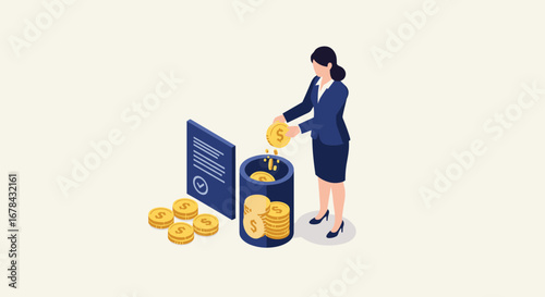 Businesswoman depositing coins into savings account for financial growth concept