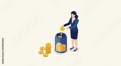Businesswoman managing finances with savings and investment concept in isometric design