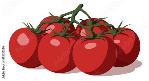 Ripe tomatoes cluster with green stems in realistic style on white background