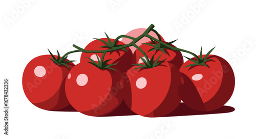 Vibrant tomatoes on vine with smooth red surface and green stems