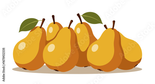 Fresh yellow pears with leaves on white background