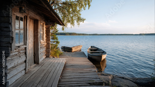 Tranquil rustic wooden sauna hut with pier on calm lake in Finland. peaceful and serene traditional cottage
