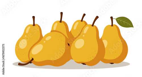 Ripe yellow pears in a flat style arrangement with leaf on white background