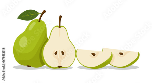 Fresh green pears with slices and leaf on white background in realistic style