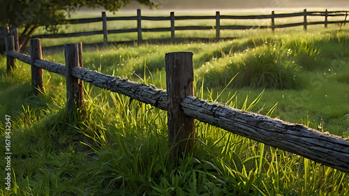 Rail Fence With Morning Dew Under Green Grass in a Rural Landscape