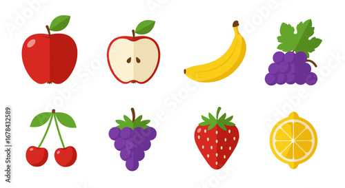 Colorful flat fruit icons: apples, banana, grapes, cherries, strawberry, lemon