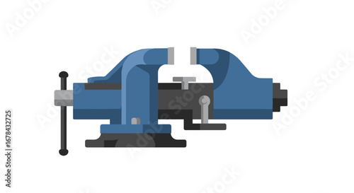 Blue industrial bench vise in minimalist flat design