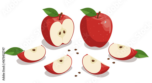 Realistic red apples with slices and seeds on white background