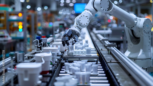 Automated Precision: Robotic Arm Processing Pharmaceutical Containers on Assembly Line with Streamlined Efficiency and Technological Advancement for Manufacturing.