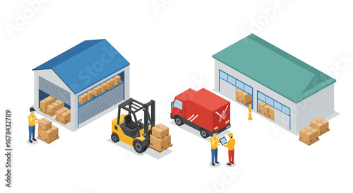 Isometric warehouse and distribution center with boxes and vehicles