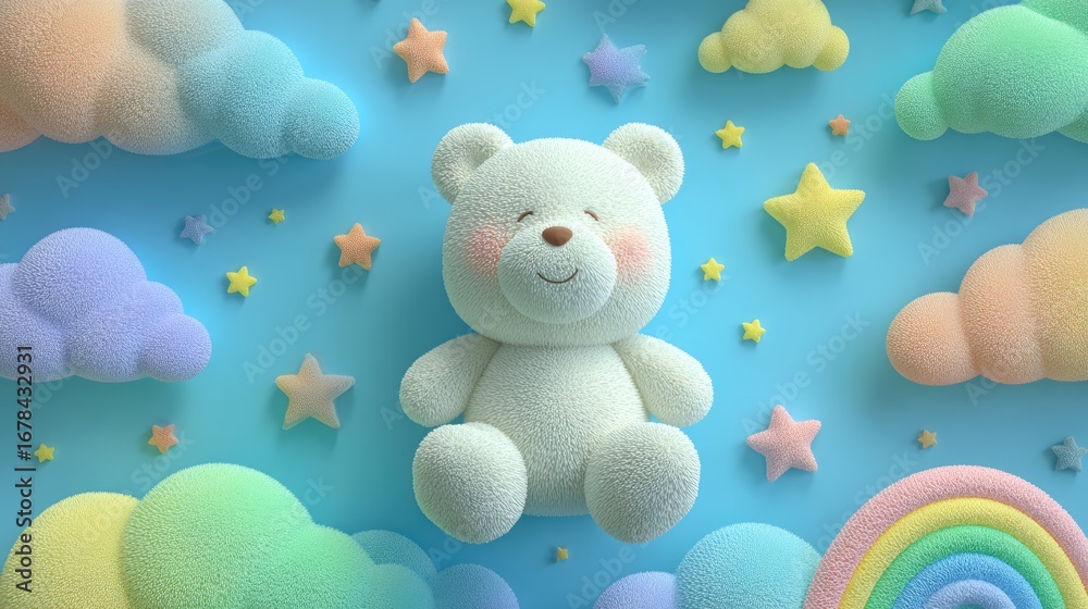 Fototapeta premium Pastel teddy bear surrounded by clouds, stars, and rainbows