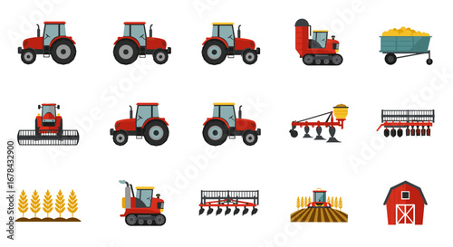 Red farm equipment and machinery set featuring tractors, harvesters, and barn in flat style