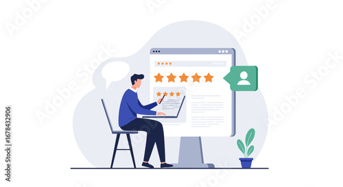 Online review feedback with star ratings and user interaction on laptop