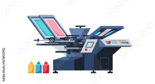 Modern printing screen press machine with ink bottles on white background
