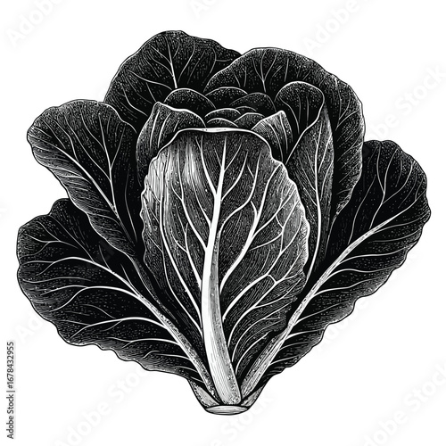 Detailed black and white silhouette of a fresh cabbage silhouette