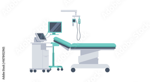 Modern medical equipment in hospital room with adjustable bed and monitors