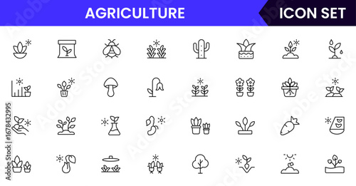 Agriculture vector line icons featuring fields, crops, tractors, irrigation, barns, seeds, tools, farming practices, harvest, and sustainable food production.