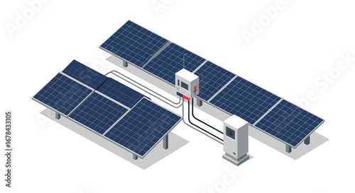 Isometric solar panels with electric charging station in clean energy concept
