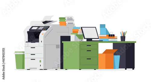 Modern office equipment and furniture scene with printer and desk setup